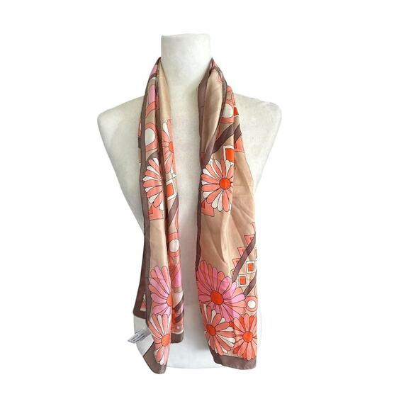 Adrienne Landau Silk Scarf Women's Pink Brown Floral Oblong 12" x 52" Rectangle - Picture 1 of 9